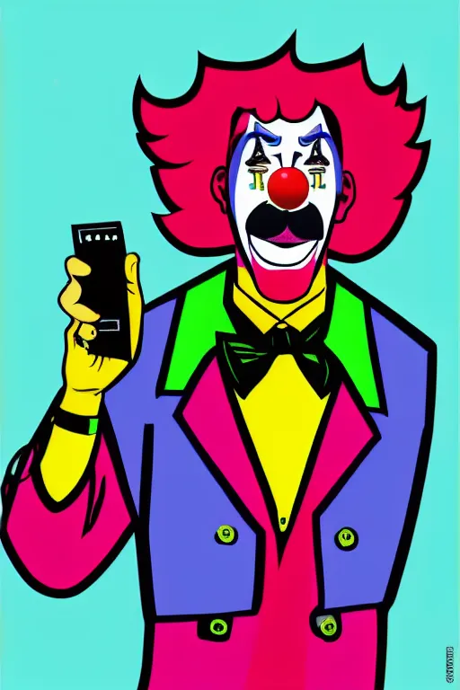 Image similar to display twitter guy wearing an blouses with clown mask. pop art, gta vice city art style, symmetrical, sharp focus, illustration, intecrate details, confident posse, art by mark millar and richard hamilton and mimmo rottela