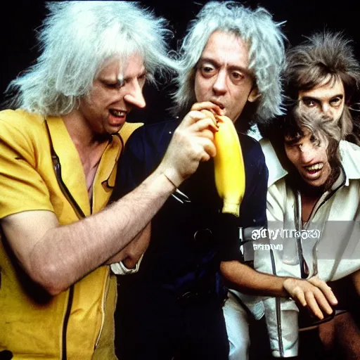 Image similar to bob geldof boomtown rats holding banana microphone, with banana costumed background singers, concert photo, getty images,