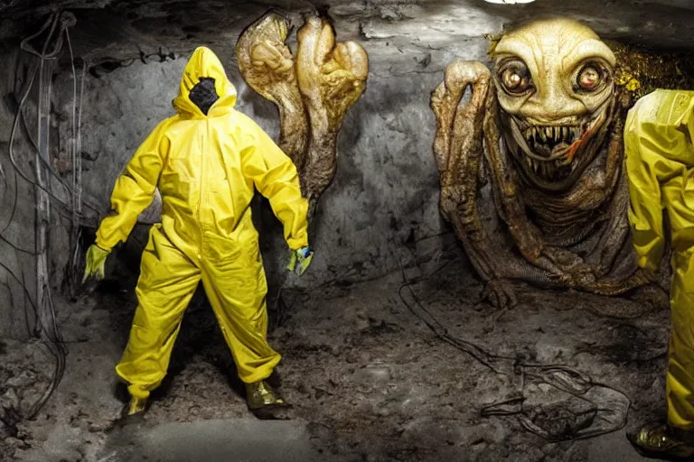 Prompt: a lone. man in a yellow hazmat suit looks on helplessly as a huge alien meat monster grows out of control in a creepy underground science lab