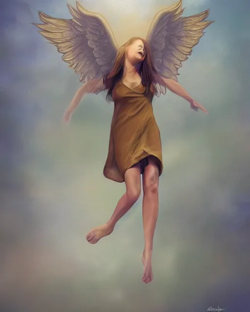 Image similar to woman turning into an angel levitating off the ground, by randy vargas, art station, smooth, focus