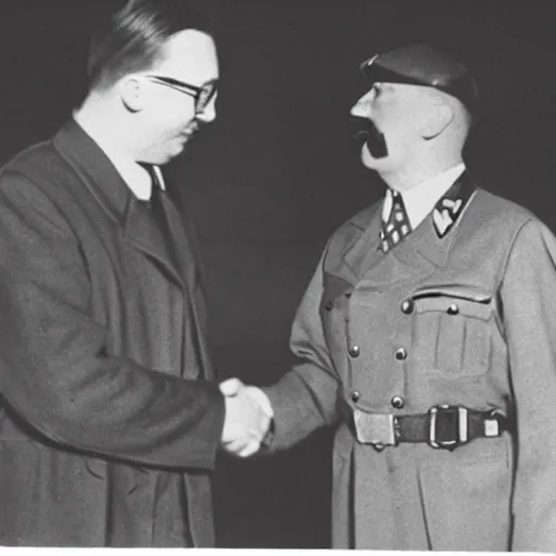 Prompt: vintage photograph of sam hyde and adolf hitler shaking hands, very detailed,