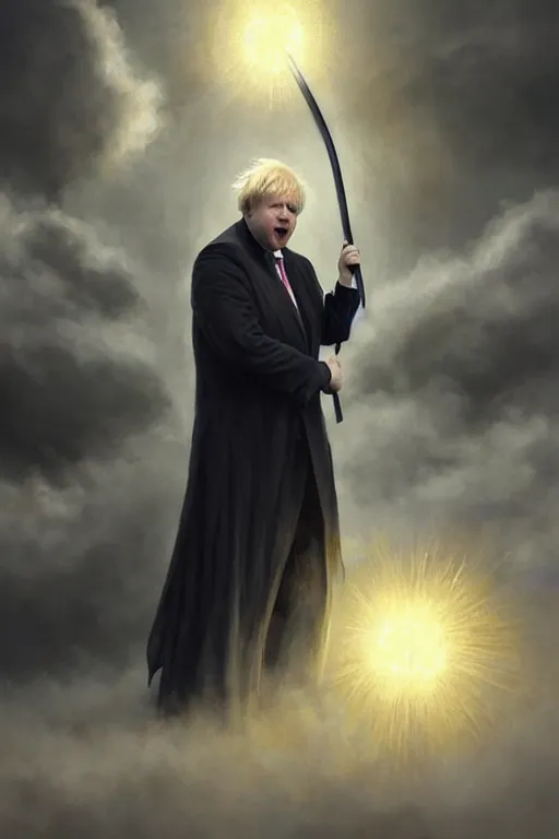 Prompt: a realistic portrait of Boris Johnson as Grim Reaper, masculine figure, bright hopeful atmosphere, volumetric lights, beam of bright light through the clouds, intricate, elegant, highly detailed, extremely detailed, digital painting, artstation, concept art, matte, smooth, sharp focus, hyper realistic, illustration, art by Artgerm and Greg Rutkowski and Alphonse Mucha