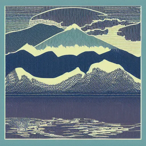 Prompt: Mountains and lakes in muted Risograph Art Style