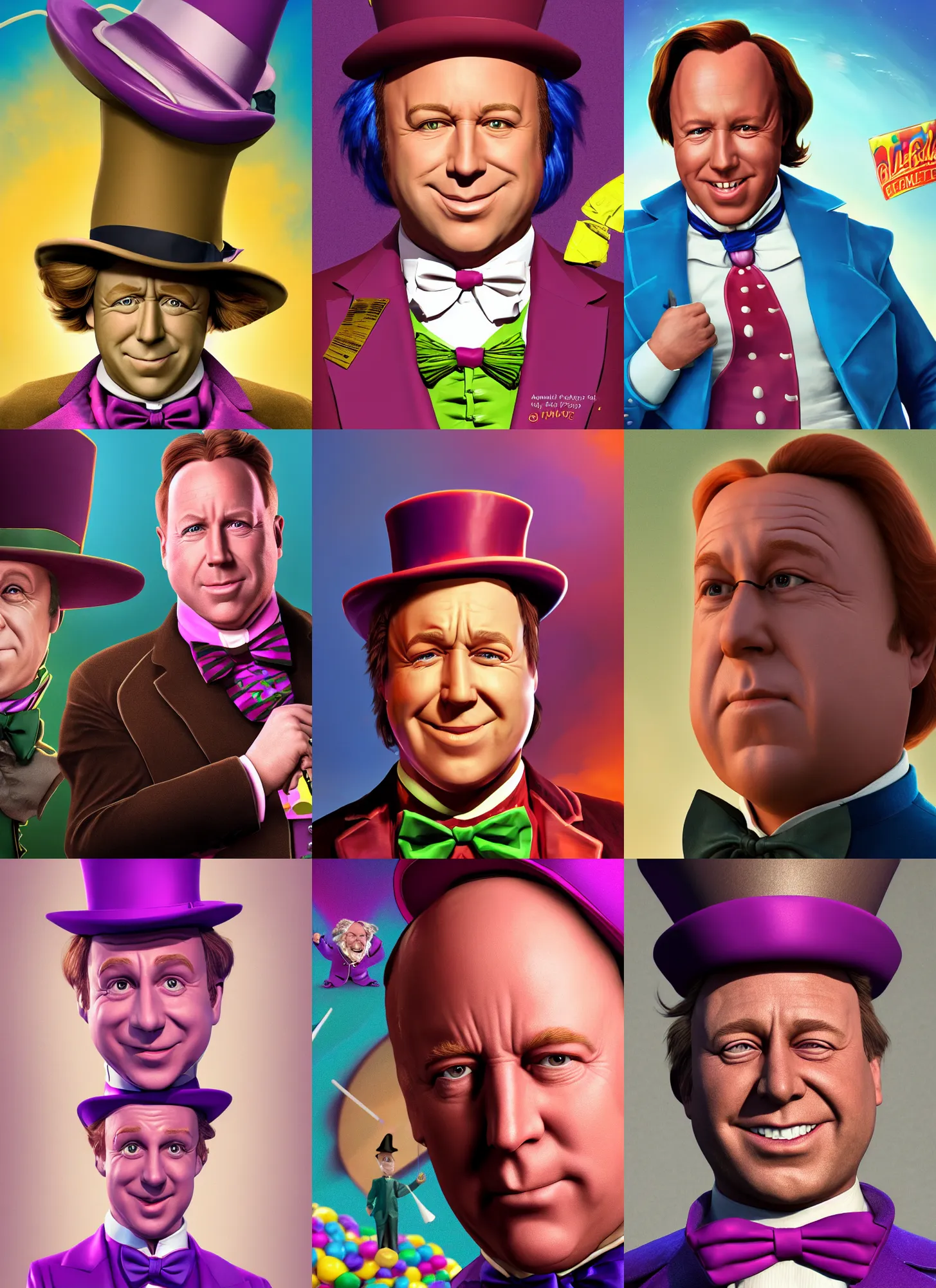 Prompt: character portrait of Alex Jones playing Willy Wonka, digital art, trending on artstation, 4k