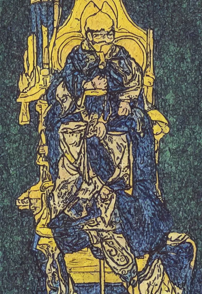 Image similar to Yann LeCun sitting on the throne on a tarot card, illustrated on the Rider–Waite tarot.