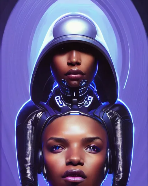 Prompt: Portrait of very very very very very very beautiful black woman, spacesuit, futuristic cybernetic helmet, blue eyes, real life skin, intricate, elegant, highly detailed, artstation, concept art, smooth, sharp focus, art by artgerm and greg rutkowski and alphonse mucha