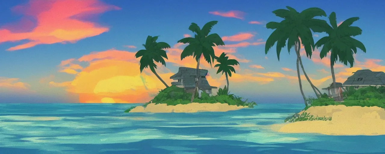 Image similar to small house on a tiny island in the middle of the ocean, (((colorful clouds))), sunset, palm trees, ghibli style