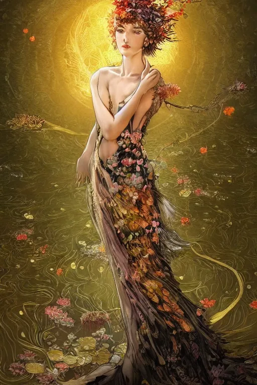 Prompt: breathtaking detailed digital painting of a dryad in a pond with koi fish and intricate flowers of light, gauze dress draped of fireflies and art nouveau golden ribbons, in style of yoji shinkawa and hyung - tae kim, trending on artstation, dark night, great composition, concept art, highly detailed, dynamic pose,