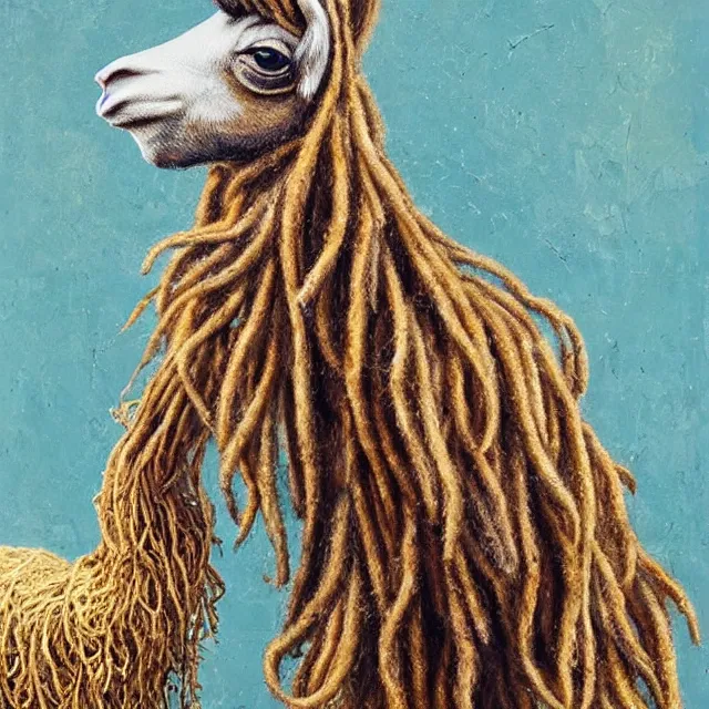 Prompt: llama with dreadlocks, by mandy jurgens, ernst haeckel, el anatsui, james jean