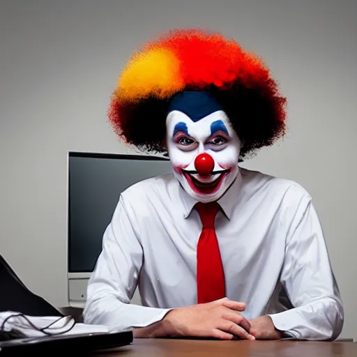 Prompt: a software developer sitting in front of a computer, dressed as a clown