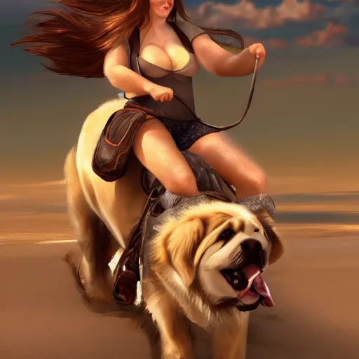 Image similar to girl riding a giant saint Bernard at the beach, trending on artstation