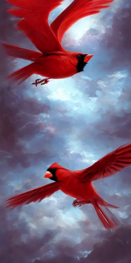 Prompt: a painting of a red cardinal flying through the sky, poster art by raymond swanland, deviantart, fantasy art, christian, deviantart, mystical