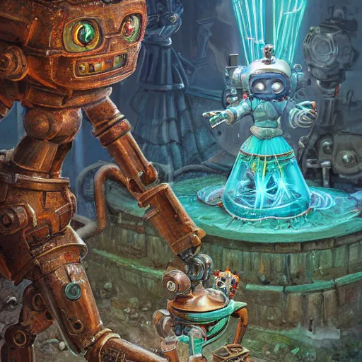 Prompt: On the morning of the robot queen's coronation, shadows of the past, The Mekanik Doll, chubby moss kitten, by jeff easley and Dylan Kowalski, highly detailed, digital painting, HDRI, by vivid colors, high contrast, 8k resolution, intricate, beautiful and thematically complex, smooth