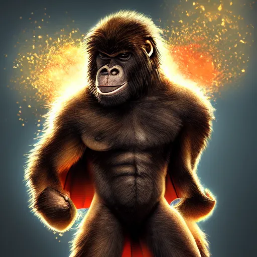 Prompt: fury art, an anthro ape wearing a large cape, exploding background, 3 d, 8 k, extremely detailed, furaffinity, artstation, award winning, sharp focus, illustration