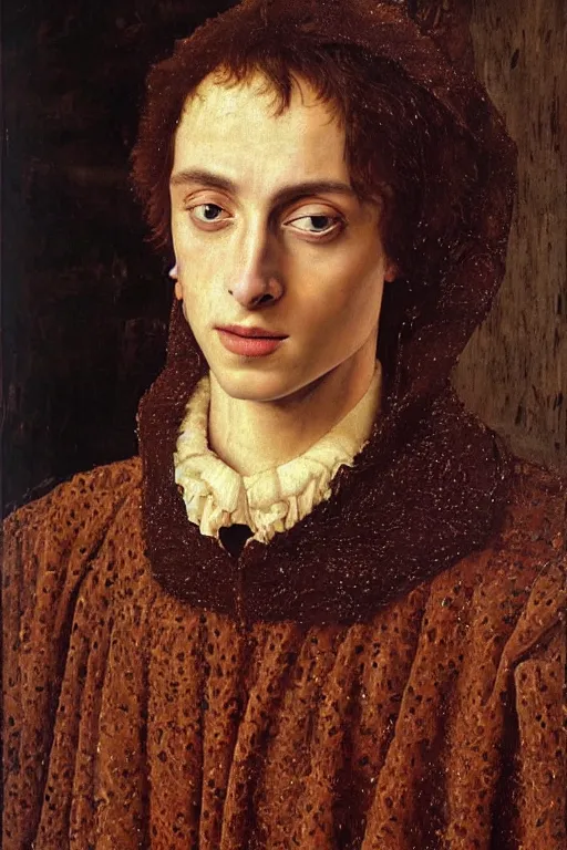 Prompt: portrait of timothee chalamet, oil painting by jan van eyck, northern renaissance art, oil on canvas, wet - on - wet technique, realistic, expressive emotions, intricate textures, illusionistic detail