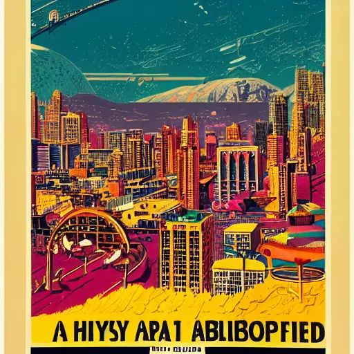 Prompt: a colorful vintage poster of a city on an alien planet, highly detailed