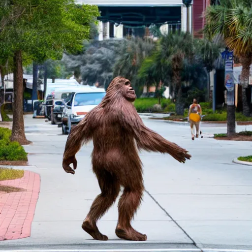 Image similar to bigfoot walking down the street in downtown Pensacola Florida