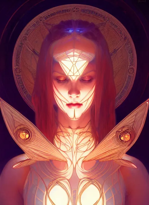 Image similar to symmetry!! demon afraid of angel, glowing lights!! intricate, elegant, good vs evil, highly detailed, digital painting, artstation, concept art, smooth, sharp focus, illustration, art by artgerm and greg rutkowski and alphonse mucha, 8 k