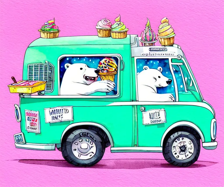 Image similar to cute and funny, polar bear riding in a tiny ice cream truck, ratfink style by ed roth, centered award winning watercolor pen illustration, isometric illustration by chihiro iwasaki, edited by craola, tiny details by artgerm and watercolor girl, symmetrically isometrically centered