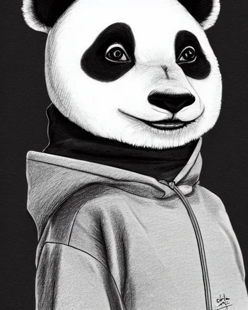 Image similar to a pencil drawing of an anthropomorphic panda wearing a hoodie on his head. head shot, by Pen Tacular