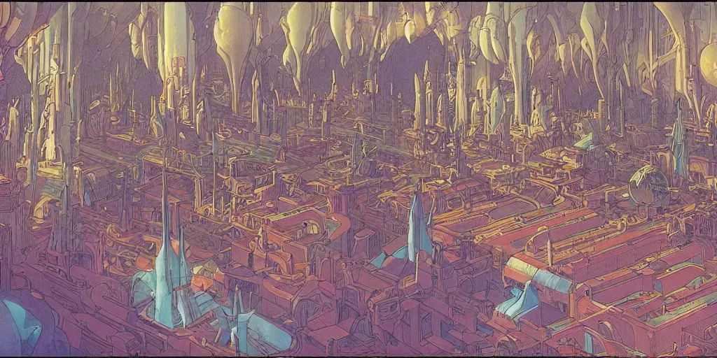 Image similar to cel shaded cinematic shot, matte illustration, the interior of a scifi space station with ornate elven architecture bustling with people, epic castle, emerald, crystalline, detailed illustration, sharp focus, crisp lines, art by moebius, jean giraud moebius comic illustration