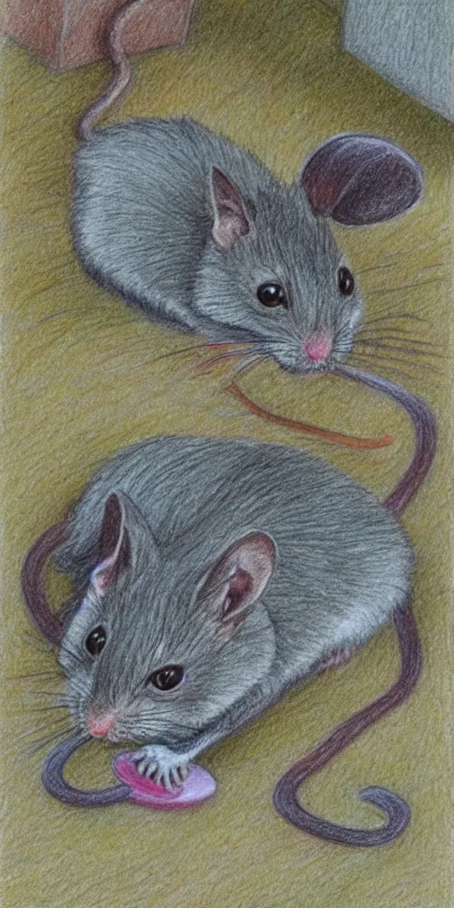 Prompt: She loved the squeak of the mice, who could now crawl out of their holes anywhere in the house to meet in the home kitchen for an evening feast, colored pencil drawing - W 1024