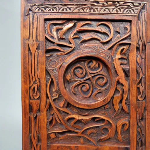 Image similar to Anglo-Saxon, intricate wood carving, colour stained, rich woodgrain, lacquer finish