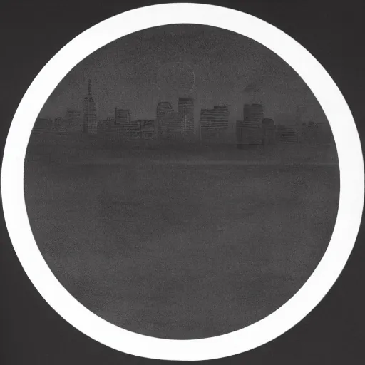 Image similar to a perfect circle where the inside is empty blank space and around the outer edge of the circle is the silhouette of a city skyline, black and white, minimalist, in the style of a charcoal drawing, made by david mellen