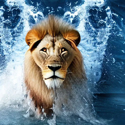 Image similar to a male lion's face breaching through a wall of water, headshot, water sprites, splashing, deep blue ocean, highly detailed, realistic digital art, trending on artstation