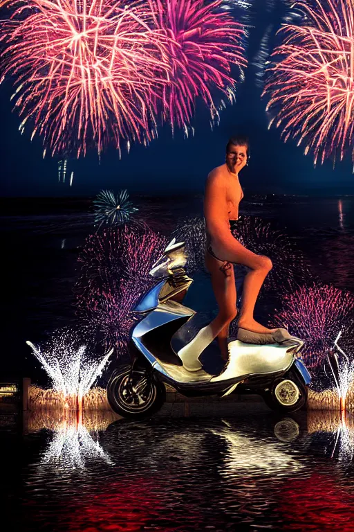 Image similar to scooter techno standing in water with fireworks in background, full body, reflection in water, volumetric lighting, golden ratio