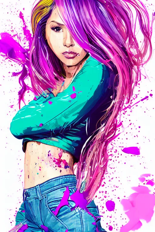 Image similar to a award winning half body portrait of a beautiful woman in a croptop and cargo pants with ombre purple pink teal hairstyle with head in motion and hair flying by wlop, paint splashes, splatter, outrun, vaporware, shaded flat illustration, digital art, trending on artstation, highly detailed, fine detail, intricate