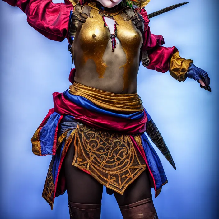 Image similar to full body photo of a real - life beautiful female jester warrior, 8 k, hdr, smooth, sharp focus, high resolution, award - winning photo