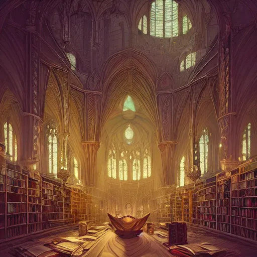 Prompt: interior of a library cathedral, D&D, fantasy, intricate, elegant, highly detailed, digital painting, artstation, concept art, smooth, sharp focus, illustration, art by Peter Mohrbacher, Peter Mohrbacher