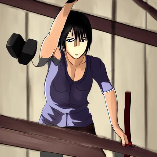 Image similar to mikasa ackerman doing pullups, sweating, sharp eyes