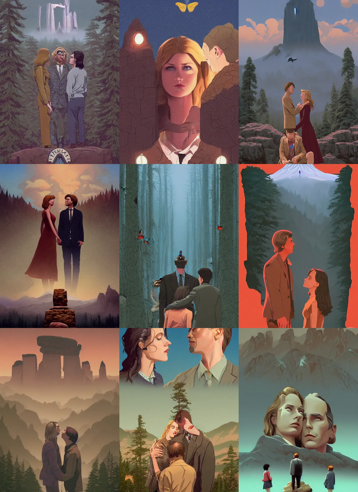 Prompt: Twin Peaks poster artwork by Artem Chebokha, Michael Whelan and Tomer Hanuka, Rendering of a cinematic beautiful stone henge, closeup moment of lovers saying goodbye. Pensive Lonely I love you moth man butterfly woman, full of details, by Wes Anderson and Makoto Shinkai and thomas kinkade, Matte painting, trending on artstation and unreal engine