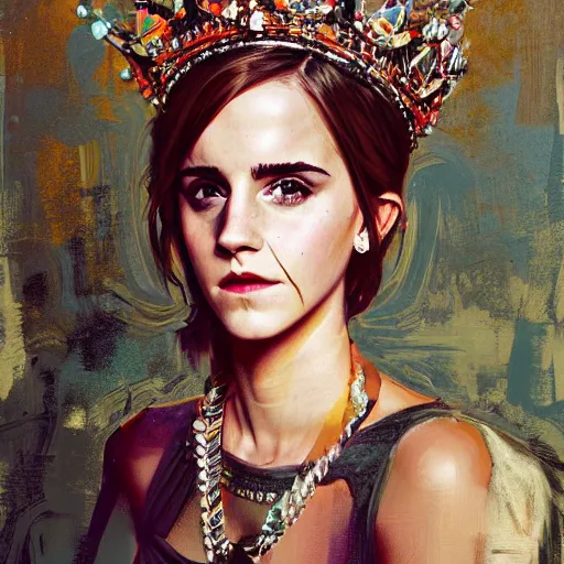 Prompt: full body emma watson wearing crown on head wearing royal hoodie by Sandra Chevrier by Richard Schmid by Jeremy Lipking by moebius by atey ghailan