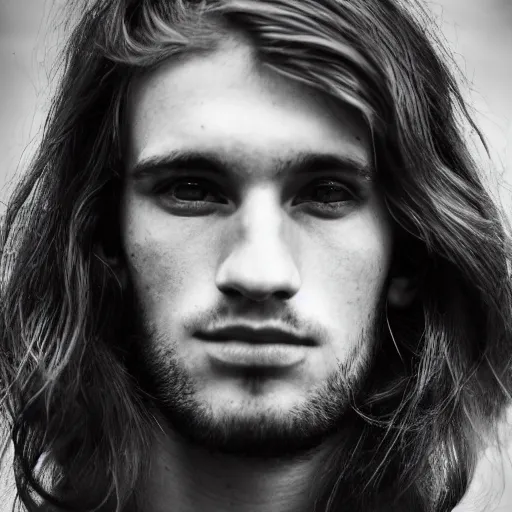 Image similar to portrait of a 2 1 year old german - irish man with long face, long brown hair, strong chin, grey eyes, stubble