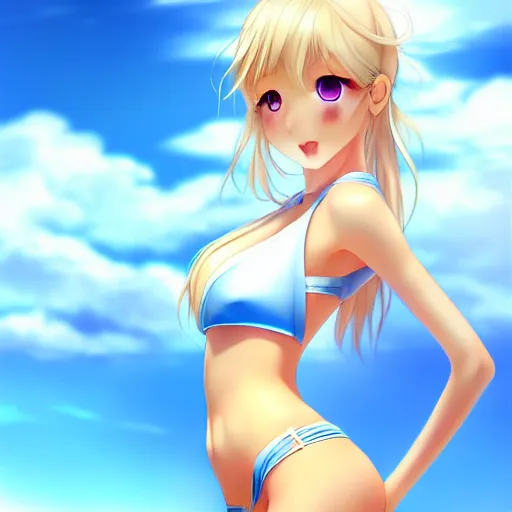 Image similar to tiny father a tall daughter picture : a very beautiful young blond anime girl, sky blue eyes, bikini, white miniskirt, highly detailed, cinematic wallpaper by stanley artgerm lau