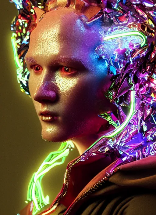 Image similar to hyper detailed ultra sharp portrait of baroque and bladerunner delicate neon ruby sculpture of seductive albino primce royce tigers orange iridescent humanoid deity wearing metallic hoody made out of leaves holding the sun prismatic dungeon, glowing rainbow face, crown of white diamonds, cinematic lighting, photorealistic, octane render 8 k depth of field 3 d
