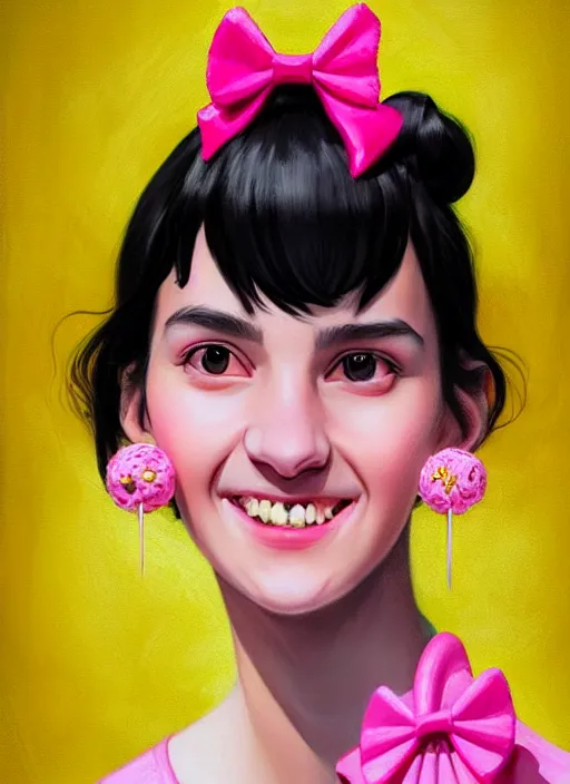 Image similar to portrait of high school girl, realistic, black hair, bangs, half updo hairstyle, pointy nose, skinny, smile, ugly, defined jawline, big chin, pink hair bow, earrings, intricate, elegant, glowing lights, highly detailed, digital painting, artstation, sharp focus, illustration, art by wlop, mars ravelo and greg rutkowski