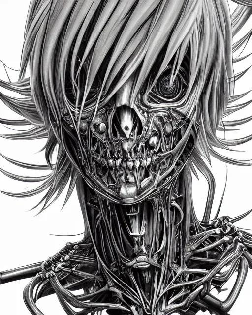 Image similar to light yagami by yoshitaka amano, by hr giger, biomechanical, 4 k, hyper detailed, hyperrealism, anime