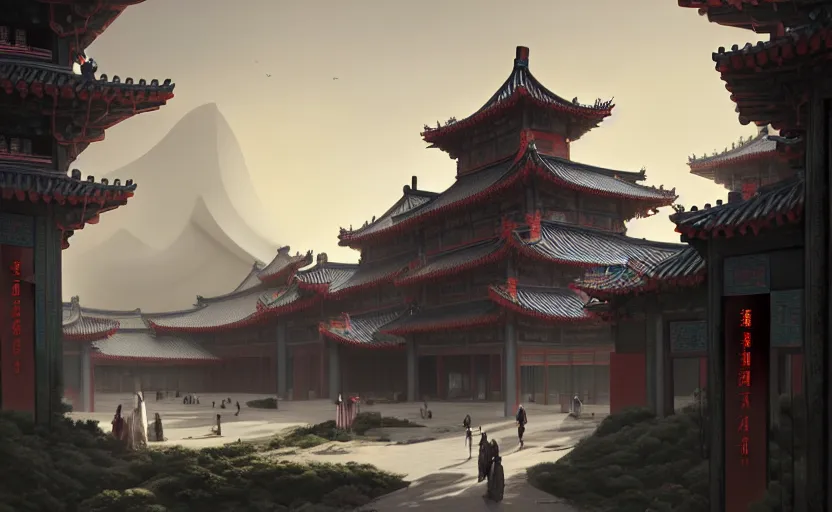 Image similar to exterior shot of utopian ancient chinese architecture with cinematic lighting by zaha hadid peter zumthor and renzo piano and frank gehry, darek zabrocki and greg ruthkowski, simon stalenhag, cinematic, holy place, paradise, scifi, futurism, atmospheric, concept art, artstation, trending on artstation