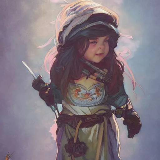 Image similar to a little cute angry dwarf. beautiful painting by artgerm and greg rutkowski and alphonse mucha