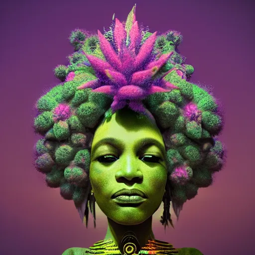 Image similar to a female african marijuanna! shaman with an afro made of flowers, third eye art art by machina infinitum, complexity from simplicity, rendered in octane, mandelbulb 3 d, ambient occlusion, macro photography, felt!!! texture, tribal, pastel! retrowave