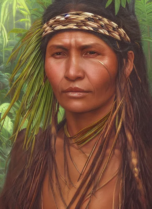 Image similar to a beautiful close up portrait of an indigenous woman holding medicinal plants in the jungle, highly detailed, art by christophe vacher