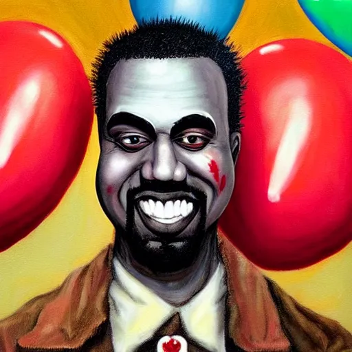 Image similar to grunge painting of kanye with a wide smile and a red balloon by chris leib, loony toons style, pennywise style, corpse bride style, horror theme, detailed, elegant, intricate