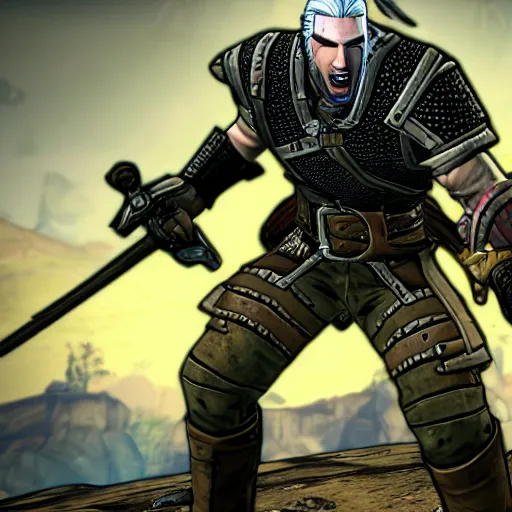 Prompt: Geralt of Rivia in Borderlands 2, screenshot, pc game