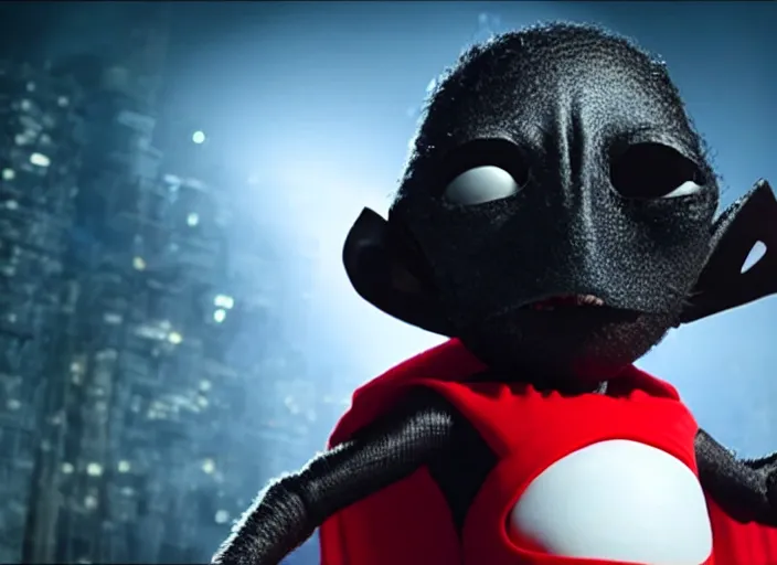 Prompt: film still of real life nibbler, a small black alien with a single antenna on his head, large eyes and 2 fangs wearing a diaper and red cape in the new scifi movie, 4 k