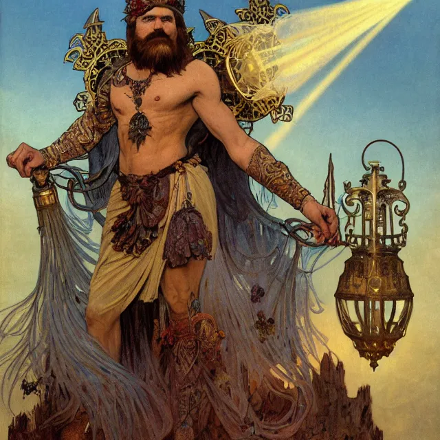 Image similar to an aesthetic! a detailed portrait of a man in a long beard, with a crown, holding a lantern with huge piles of gold in the background, ravens flying overhead by frank frazetta and alphonse mucha, oil on canvas, art nouveau dungeons and dragons fantasy art, hd, god rays, ray tracing, crisp contour lines, huhd