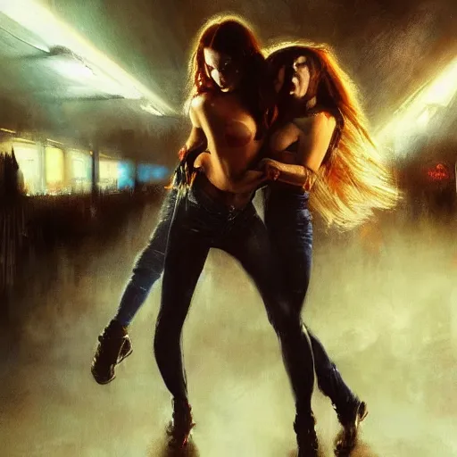 Prompt: bella thorne and megan fox dancing, hyperrealistic full figure, bladerunner street, art of elysium by jeremy mann and frank frazetta, fantasy art, photo realistic, dynamic lighting, artstation, full figure poster, volumetric lighting, very detailed face, 4 k, award winning